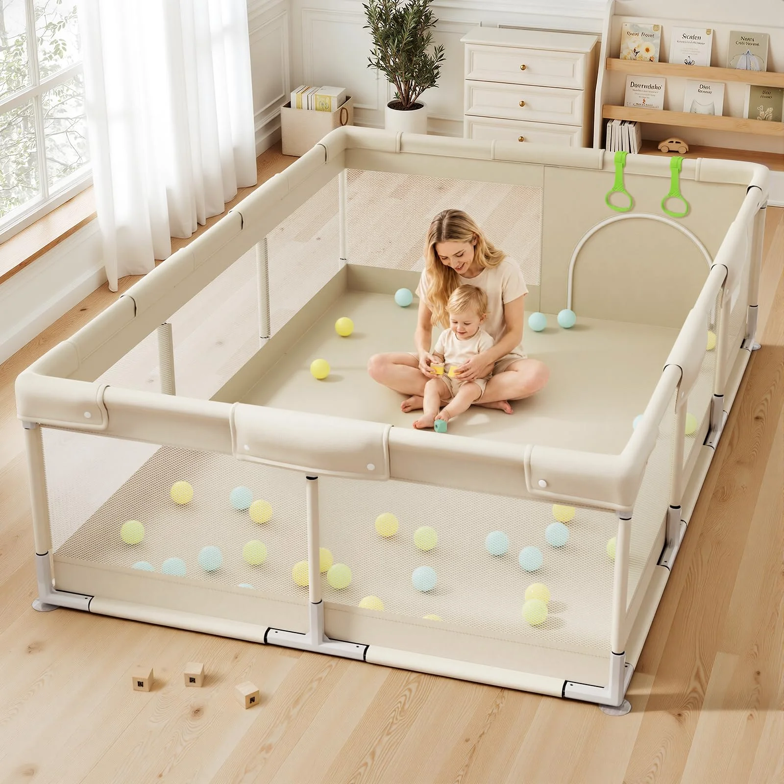 A long soft-sided playpen standing on a living-room floor